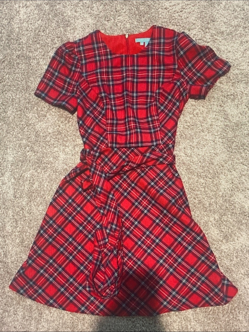 Draper James Red and Black Plaid Short-Sleeve Belted Fit-and-Flare Dress - Picture 3 of 4